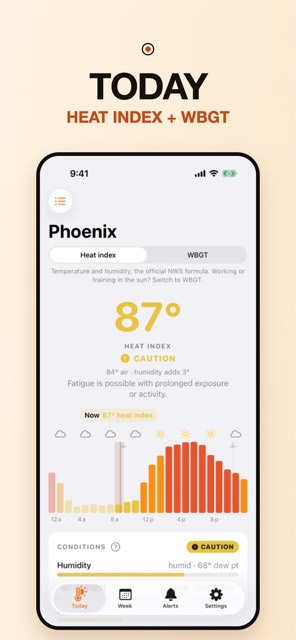 The Today tab in Phoenix: an 87 degree heat index on the Caution flag, 84 degree air with humidity adding 3 degrees, and a 24-hour bar timeline with a Now marker.