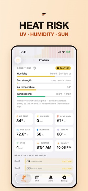 The Heat Risk panel: humidity, sun strength, air temperature and wind cooling bars, plus tiles for air temp, UV index, heat index, wet bulb, humidity, dew point, wind, sunrise and sunset.