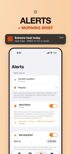 The Alerts tab with Heat Alerts armed, a note that the next alert is in 3 hours as WBGT reaches 88 degrees at 1 PM, and a Morning Brief sent at 5:30 AM.