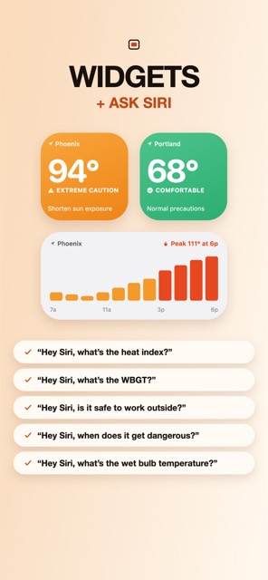 Home Screen widgets showing Phoenix at 94 degrees Extreme Caution and Portland at 68 degrees Comfortable, a chart widget peaking at 111 degrees at 6pm, and five Siri questions.